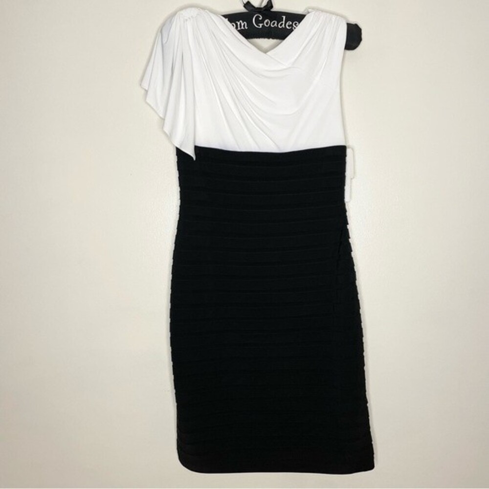 Adrianna Papell Sheath Dress Cowl Neck Drapey Shoulder New Black White Size 6